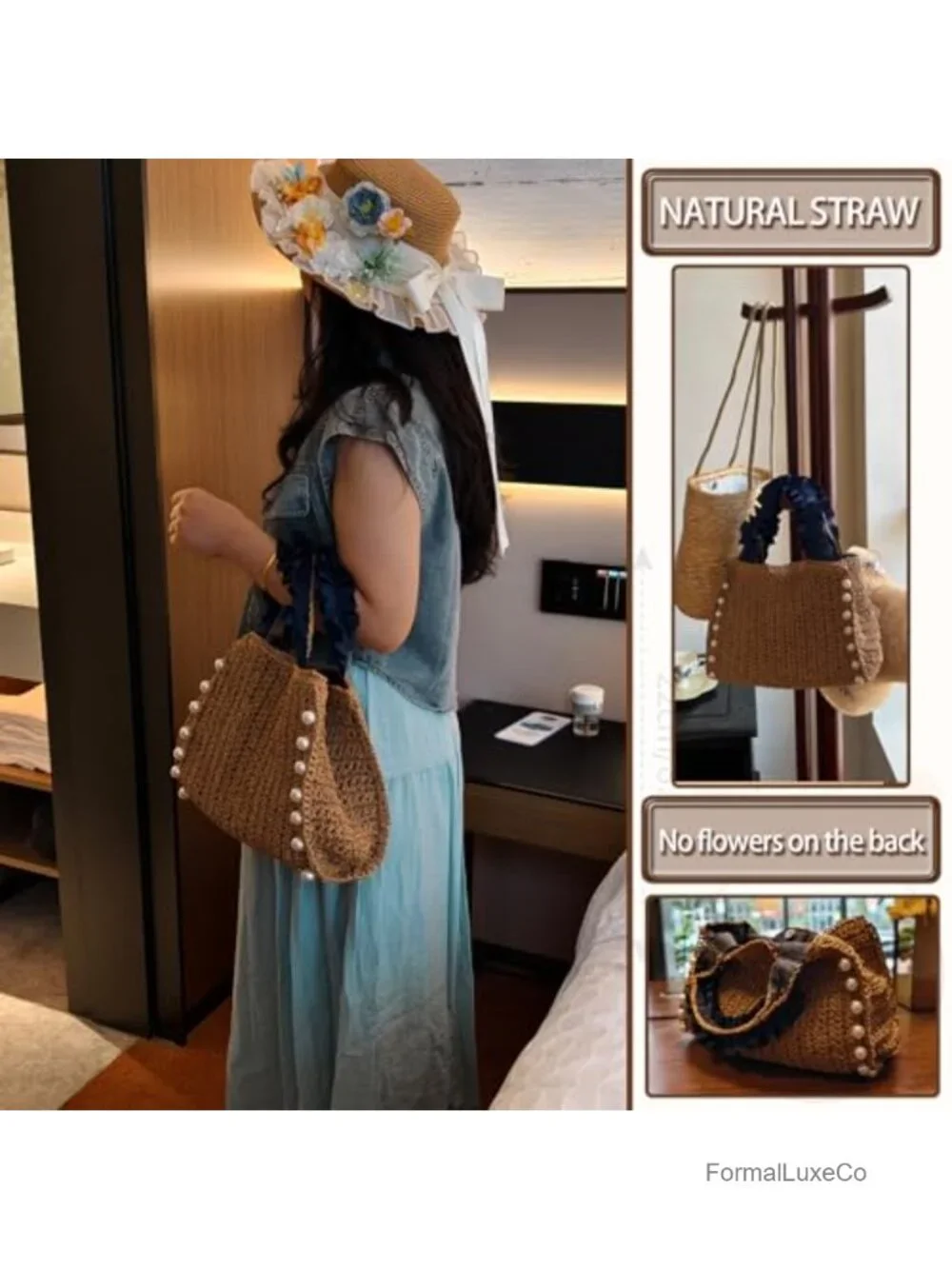Straw Tote Bag Women Pearls Woven Handbag Summer Travel Beach Bag